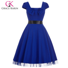 Grace Karin Stock Square Neck High Stretchy Blue Cap Sleeve Retro Vintage Dress CL008951-3